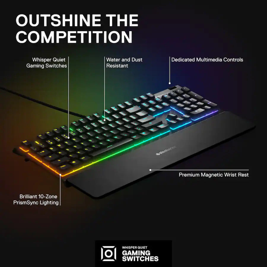 Apex 3 Full Size Wired Membrane Whisper Quiet Switch Gaming Keyboard with 10 zone RGB Backlighting - Black