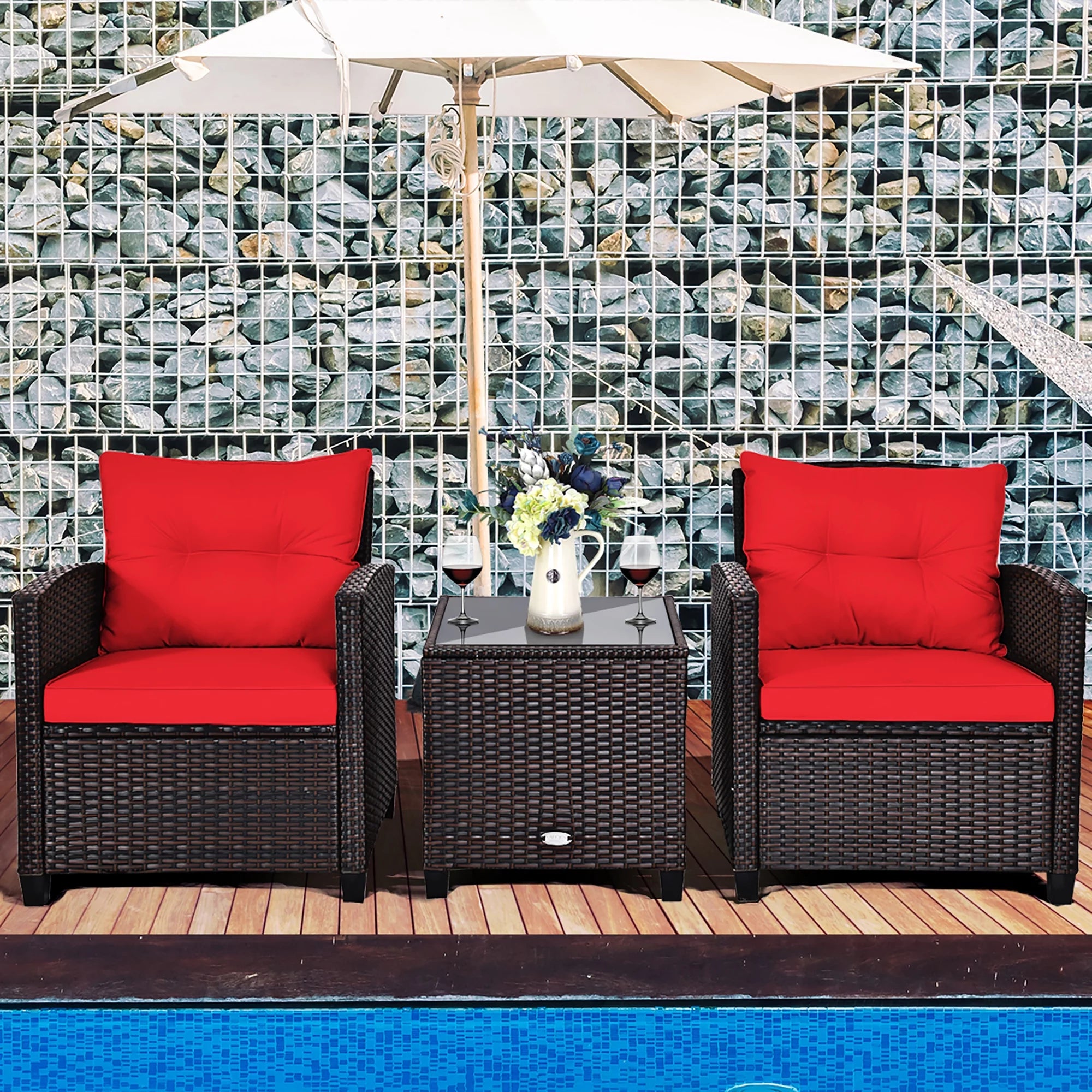 3PCS Patio Rattan Furniture Set Cushioned Conversation Set Sofa Coffee Table Red