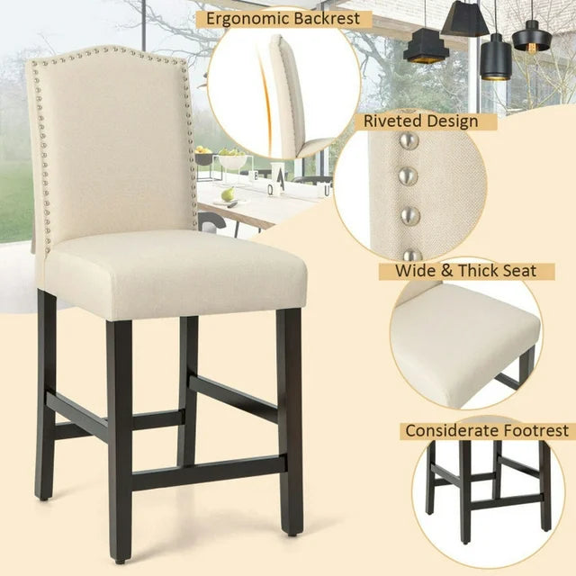 2 Pcs Fabric Nail Head Counter Height Dining Side Chairs Set-Beige, Bar Height Stools