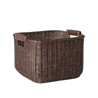Cube Rattan Decorative Basket with Leather Handles Dark Brown