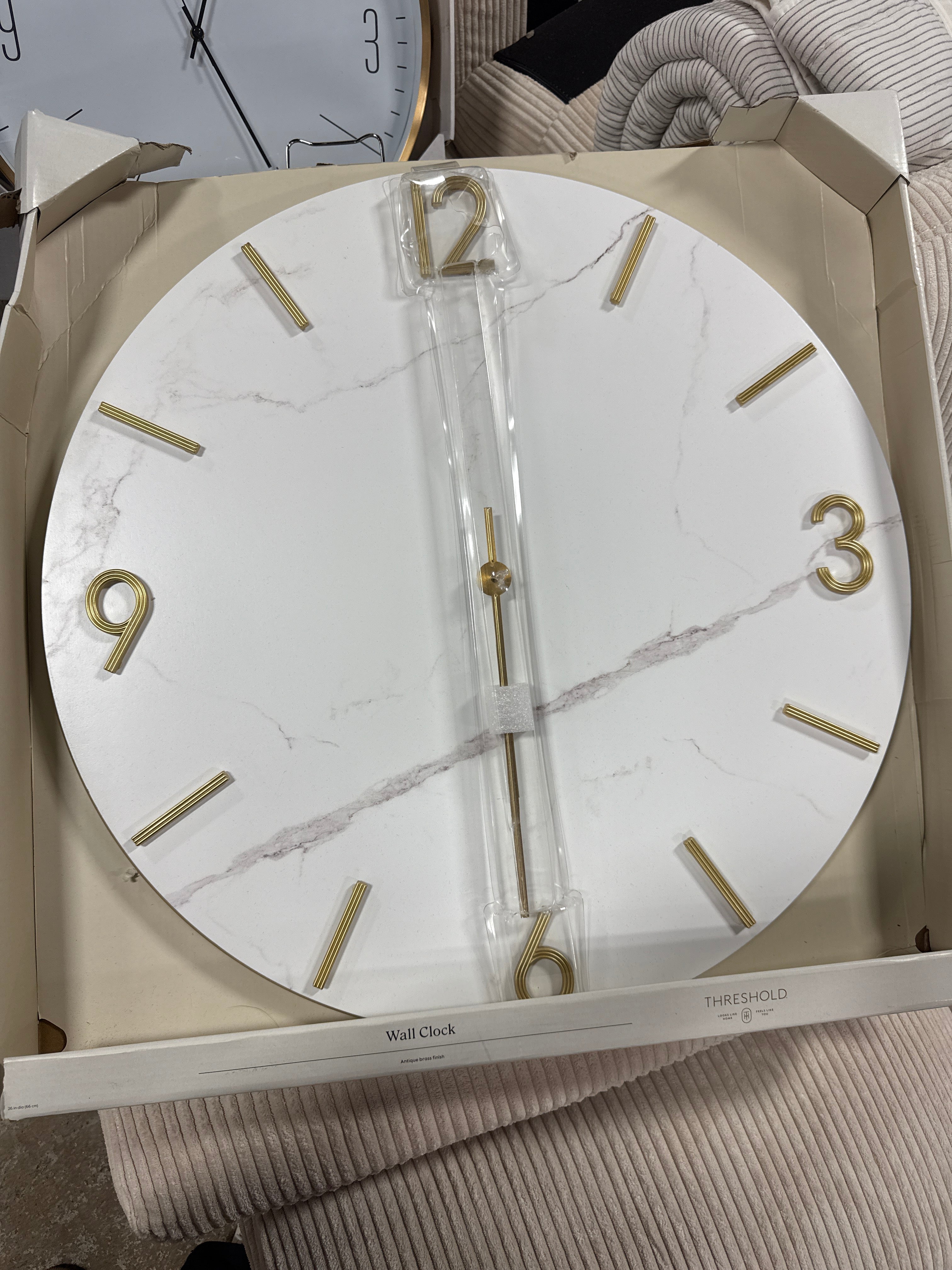 26" Faux Marble Finished in Polished Brass Wall Clock White - Threshold™: Elegant Timepiece for Indoor Use SHOWROOM ITEM
