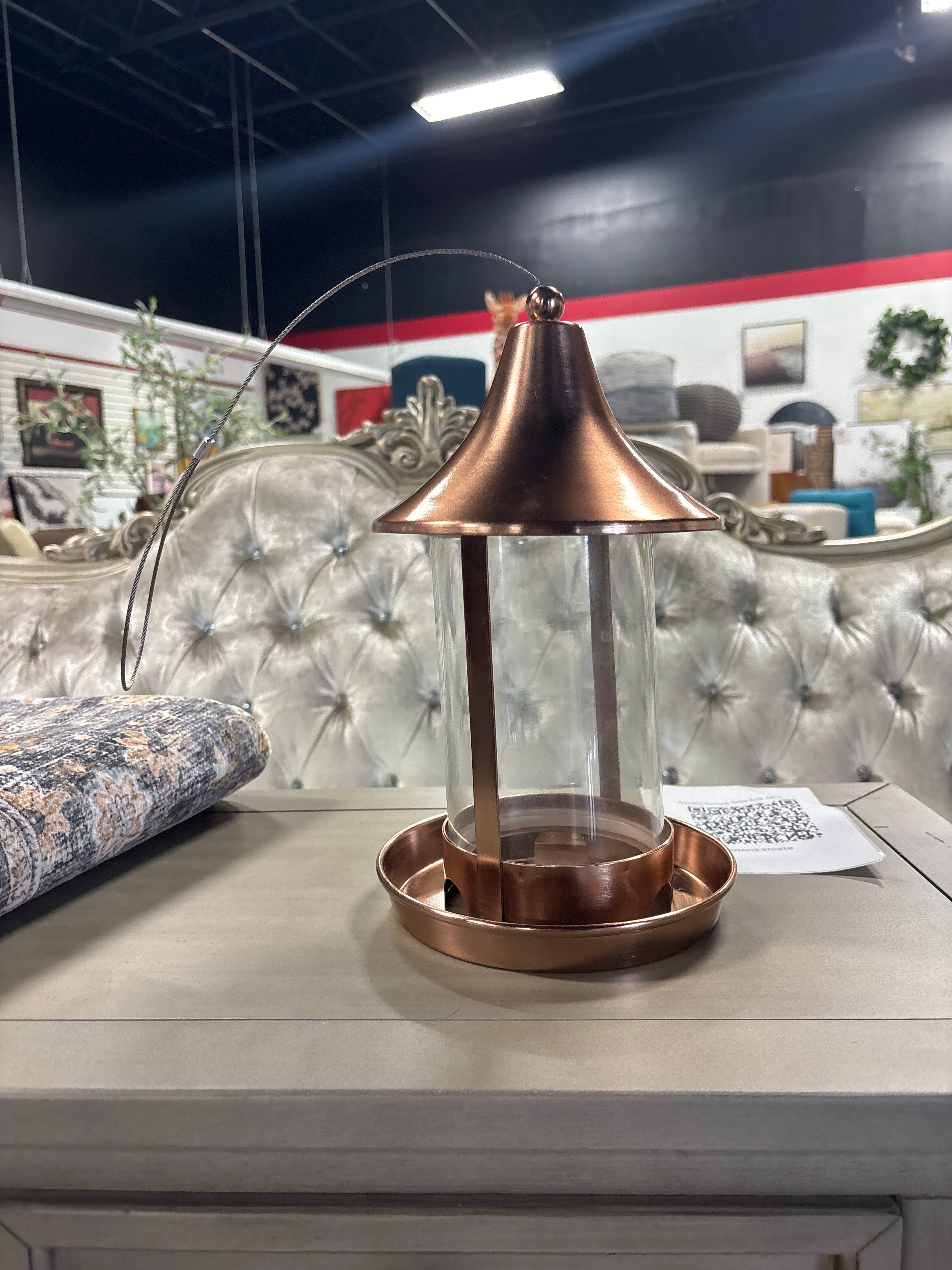 11.4" Metal and Glass Suet Bird Feeder  - Copper SHOWROOM ITEM
