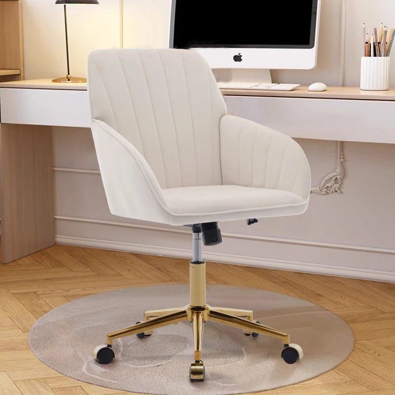 Adjustable Ergonomic Swivel Chair with Velvet Cushion and Lumbar Support, Golden Base, Beige