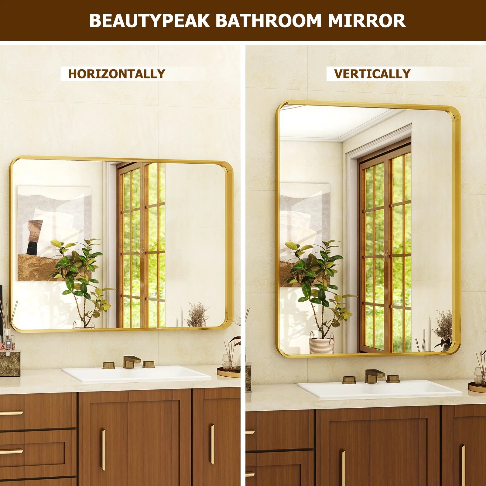 Bathroom Mirror, Modern Round Corner Vanity Wall Mirror, Gold