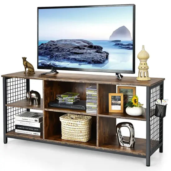 3-Tier TV Stand Entertainment Media Center w/Storage Basket - Rustic Brown/Black