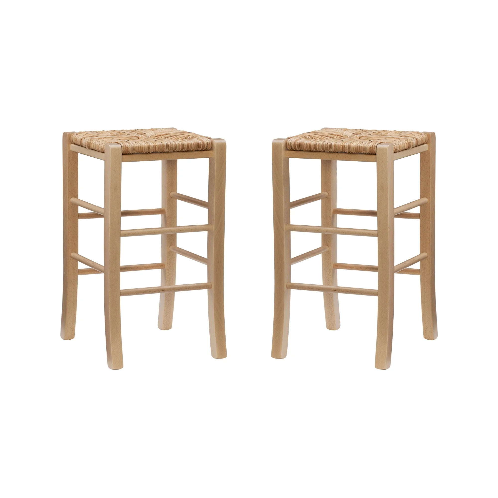 Backless Counter Stools, Set of 2, Natural with Handwoven Rush Seat