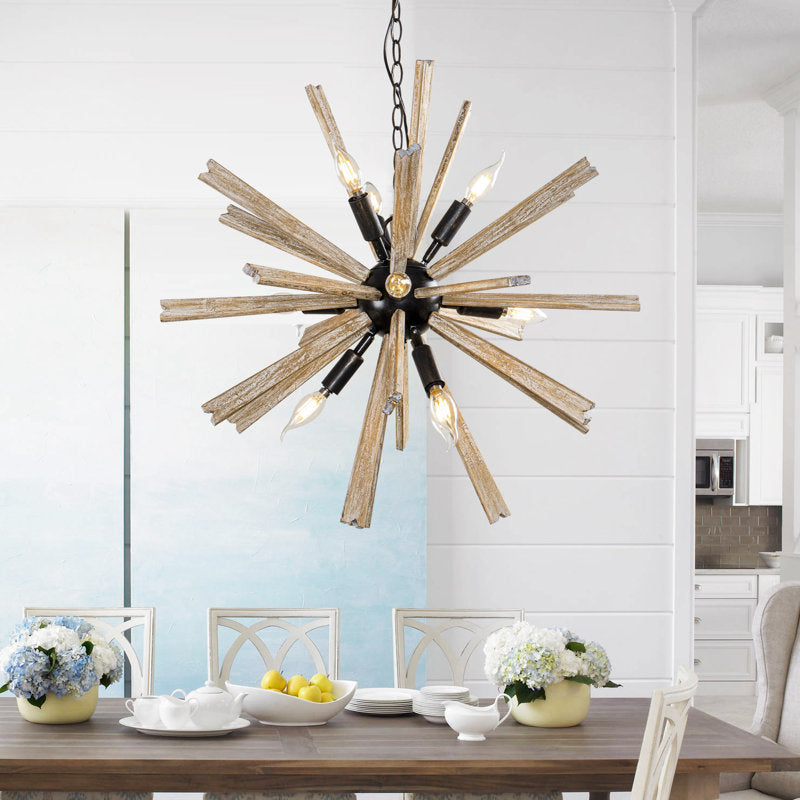 9-Light Distressed Black Sputnik Natural Wood Chandelier