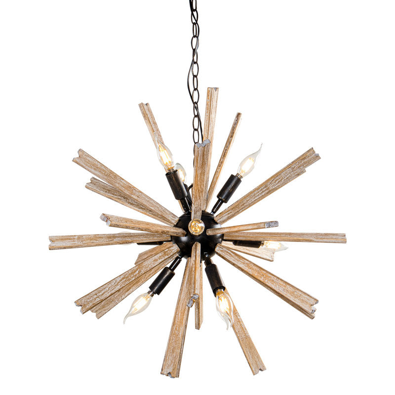 9-Light Distressed Black Sputnik Natural Wood Chandelier