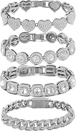 4PCS Gold Bracelets for Women Silver Clustered Tennis Bracelet for Women Heart Round Diamond Cuban Bracelet Layered Link Bracelet Set Fashion Jewelry for Women Set