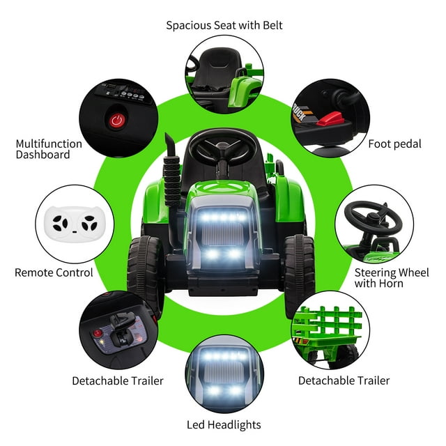 12V Kids Battery Powered Electric Tractor with Trailer, Toddler Ride On Car w/ Remote Control, 7-LED Headlights, 2+1 Gear Shift, MP3 Player USB Port for Kids 3-6 Years