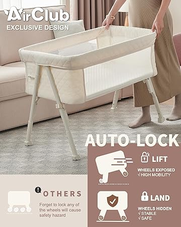 Bassinet Bedside Sleeper, Baby Crib for Newborn, Baby Bassinets Bedside Sleeper with 4 Auto-Lock & Adjustable Height, Breathable Mesh & Mattress, Bedside Bassinet