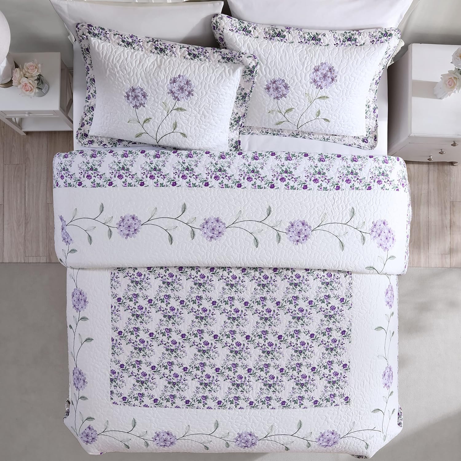 Carnation Floral Embroidered Quilted Bedspread, Lightweight, All-Seasons, Queen, Lavender