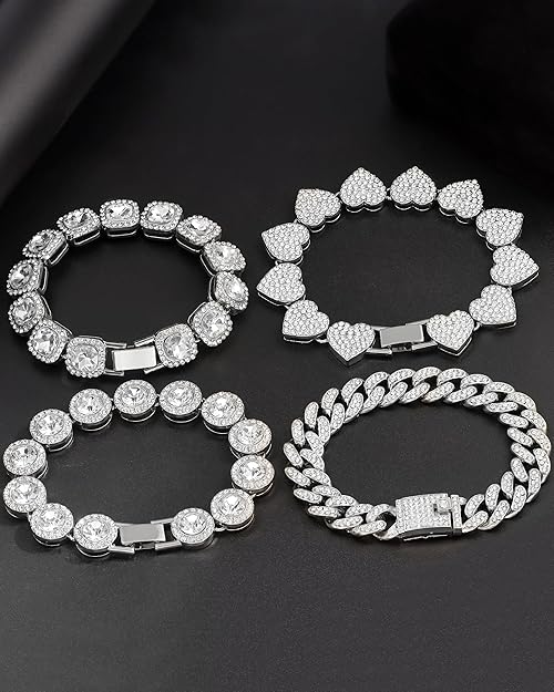 4PCS Gold Bracelets for Women Silver Clustered Tennis Bracelet for Women Heart Round Diamond Cuban Bracelet Layered Link Bracelet Set Fashion Jewelry for Women Set