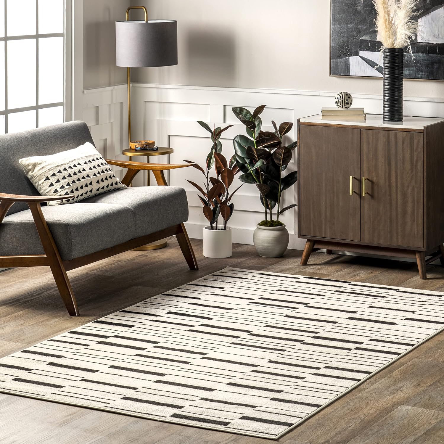 Birdie Modern Lines Area Rug, 8'10' x 12', Beige