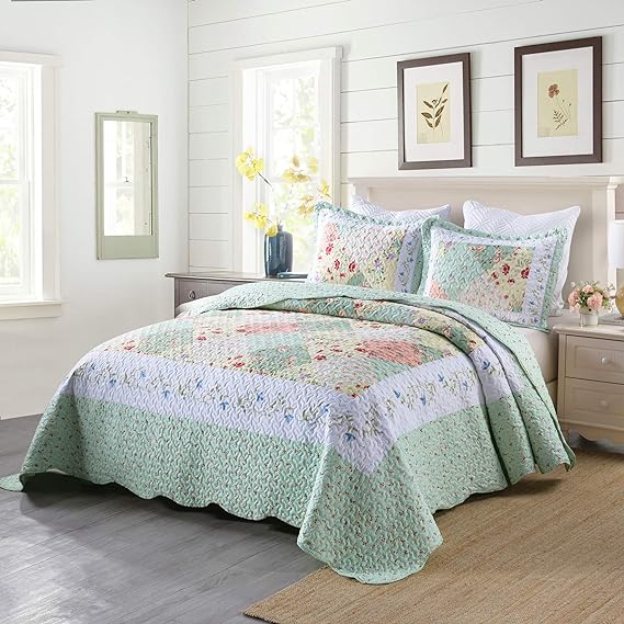 3-Piece Quilt Set Lightweight Bedspread Set Coverlet Set (Romantic Green, King)