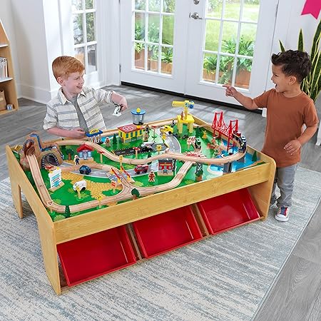 Waterfall Mountain Wooden Train Set & Table with 120 Pieces, 3 Storage Bins