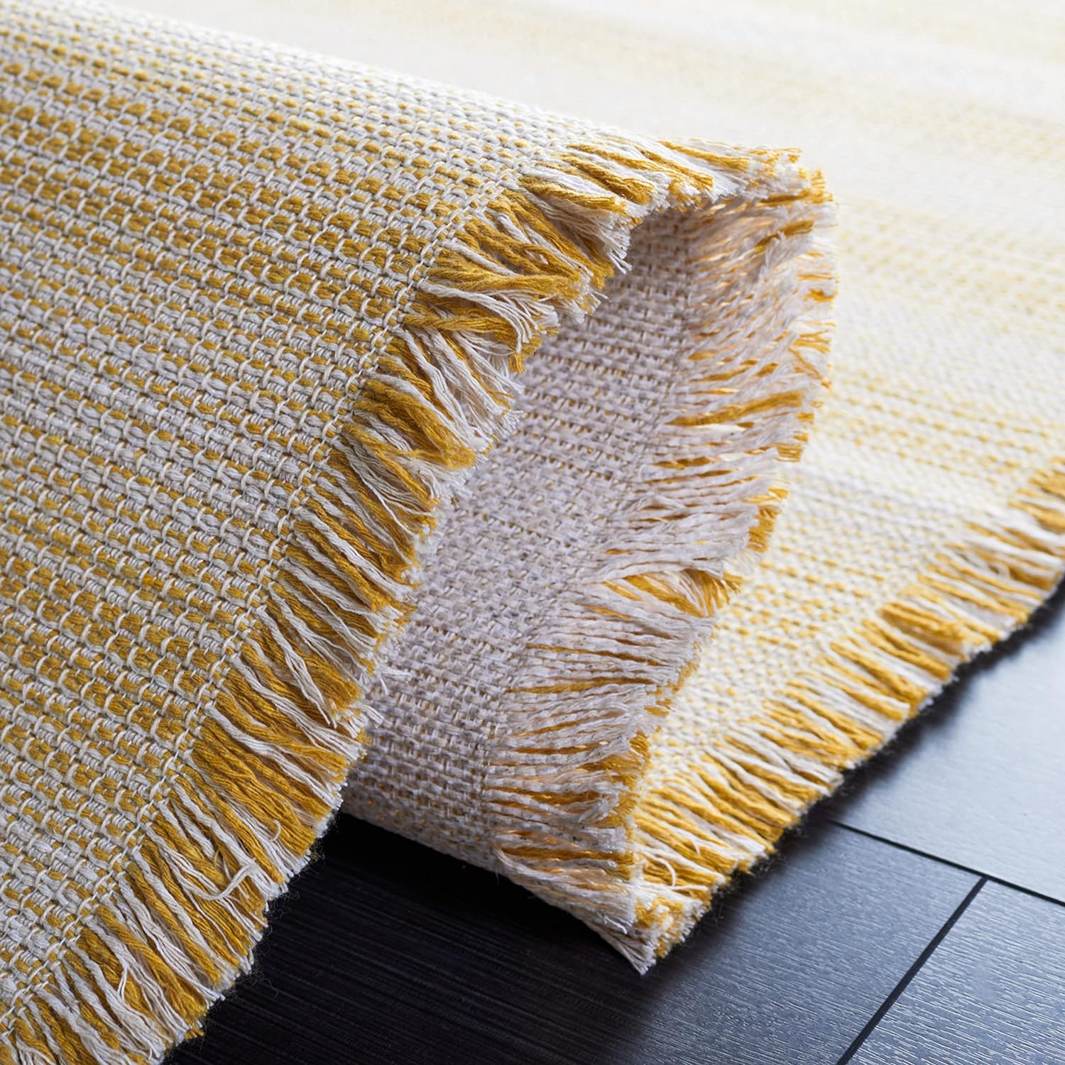 Augustine Collection Area Rug - 6'4" x 9'6"-  Ivory & Yellow, Cotton Stripe Fringe