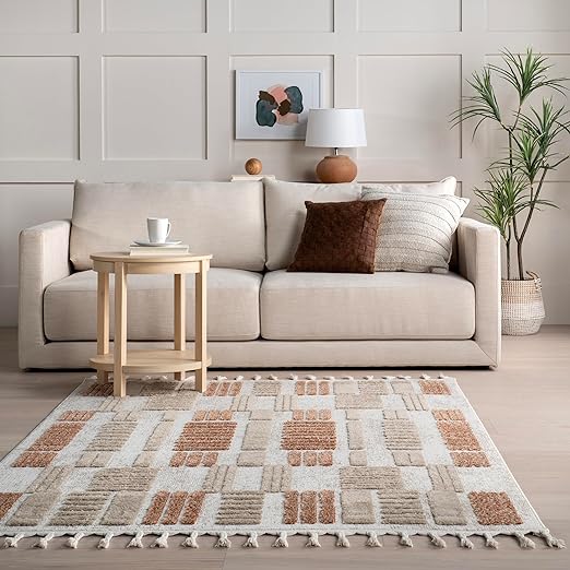 Beige Geometric Tasseled Area Rug