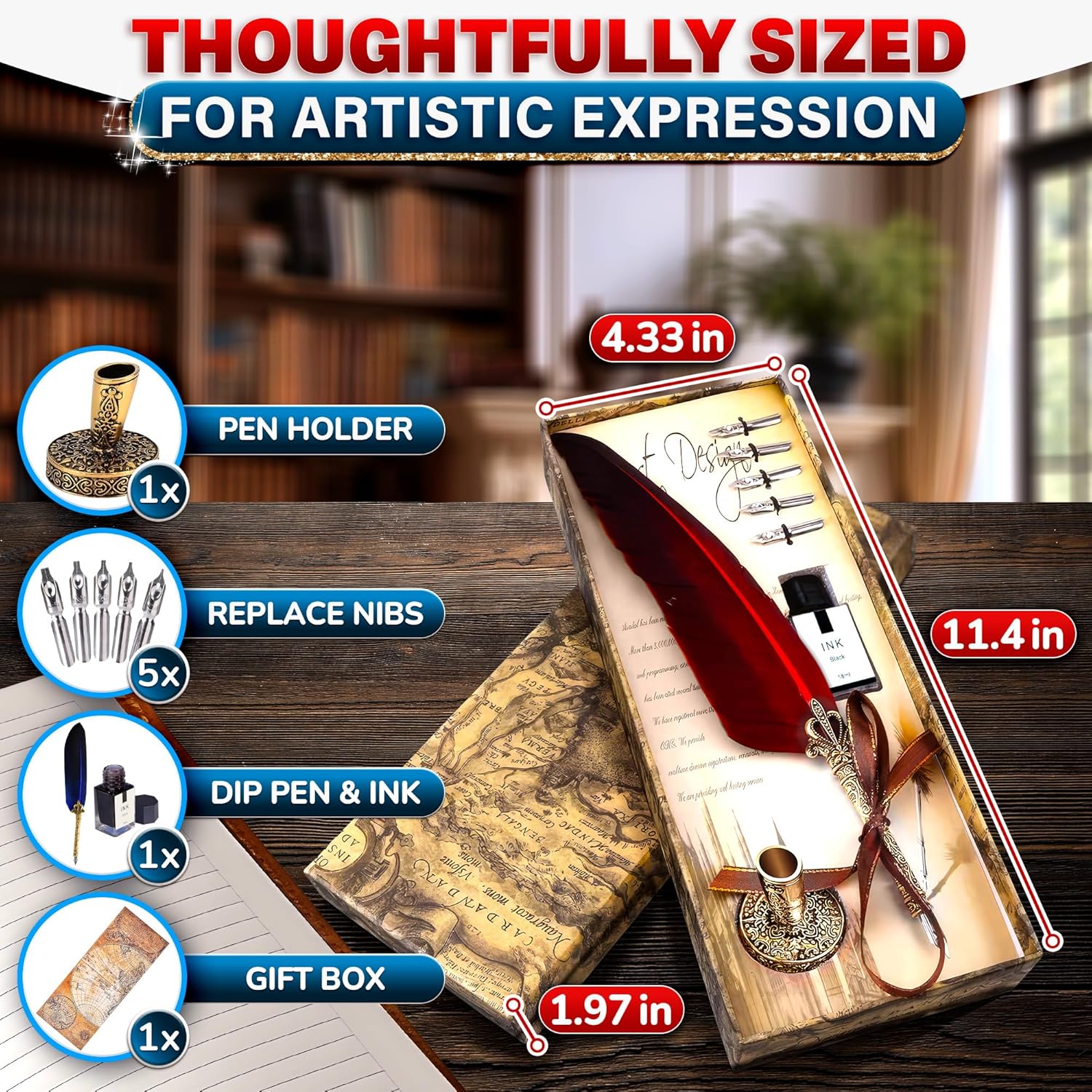 Antique Feather Pen and Ink Set -  Red Feather Quill Pen and Ink Set with Stainless Steel Nib