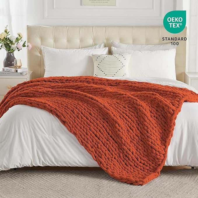 Chunky Knit Throw Blanket Twin, Rust