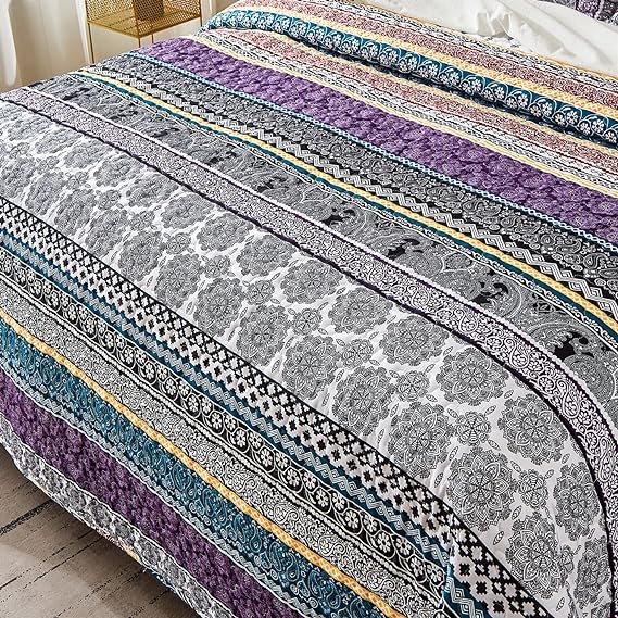 Boho Quilt Set King, Purple Bohemian 3 Pieces Quilt Sets, Lightweight Summer Bedspread Coverlet Bedding Set for All Season (103"x90")