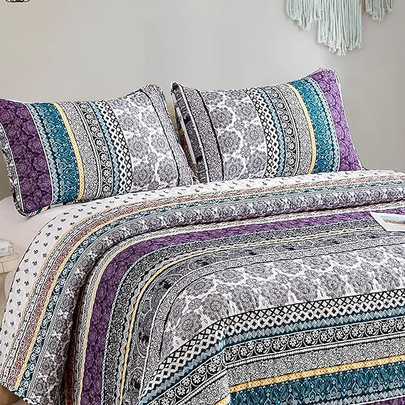 Boho Quilt Set King, Purple Bohemian 3 Pieces Quilt Sets, Lightweight Summer Bedspread Coverlet Bedding Set for All Season (103"x90")