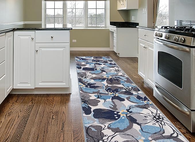 Modern Large Floral Non-Slip (Non-Skid) Runner Rug 2' x 10'