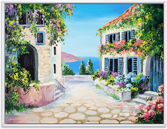 White Houses With Blossoming Flowers Near The Sea - Nautical & Coastal Framed Canvas Wall Art Print