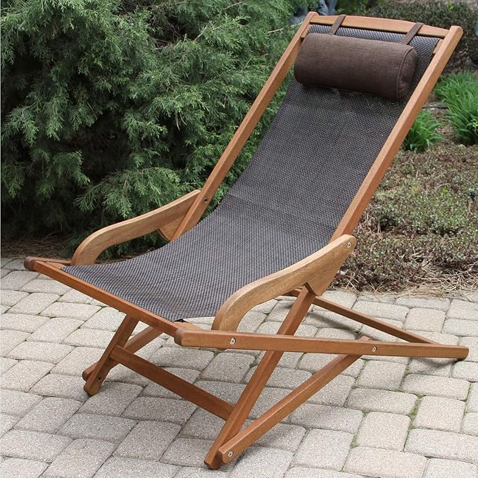 Dark Brown Foldable Sling and Eucalyptus Outdoor Lounge Chair with Head Pillow