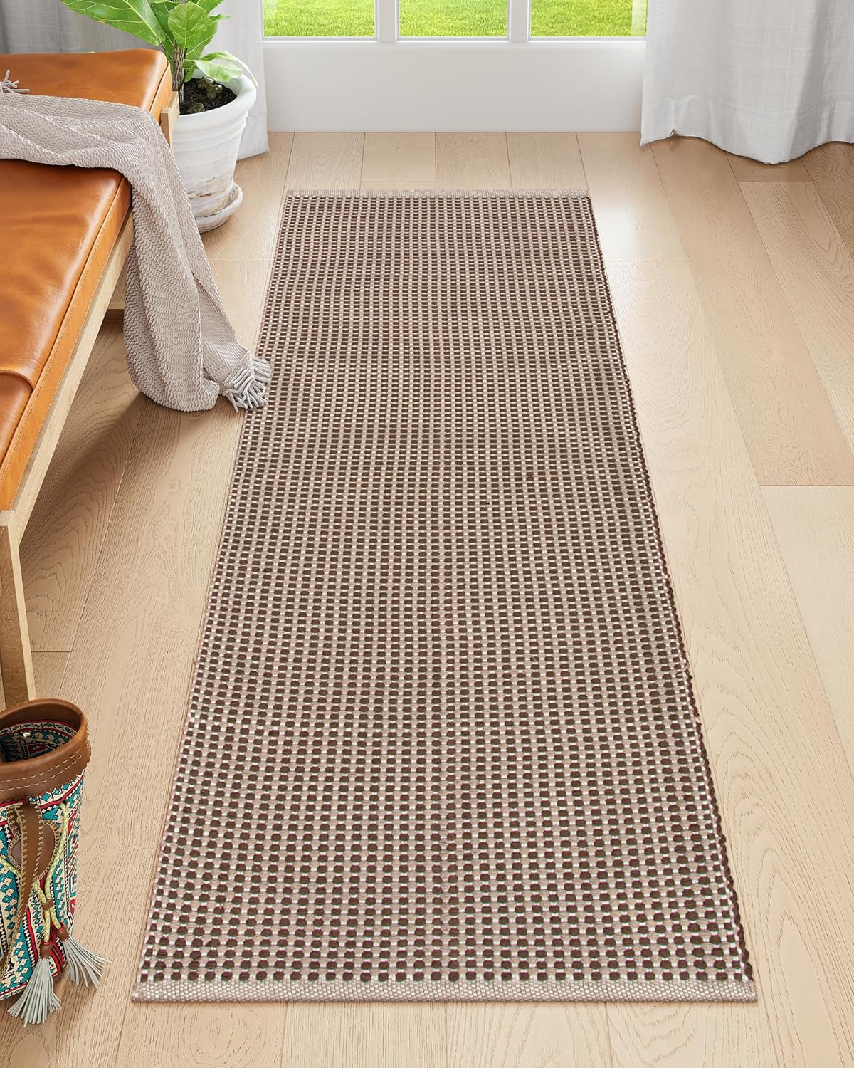 Boho Kitchen Mats for Floor, Cotton Runners, Neutral Woven Non Shedding Carpet 5'x7', Khaki