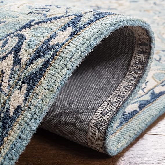 Blossom Collection 2' 3" x 14' Blue/Ivory BLM457M Handmade Premium Wool Tassel Runner Rug