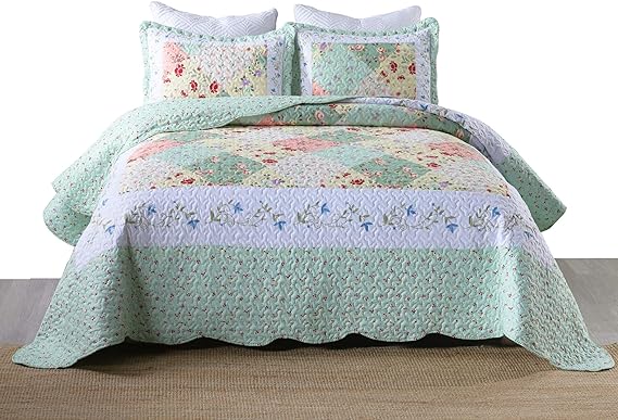 3-Piece Quilt Set Lightweight Bedspread Set Coverlet Set (Romantic Green, King)