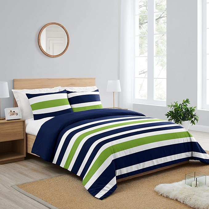 Navy Blue Lime Green and White Childrens Full/Queen Stripe Bedding