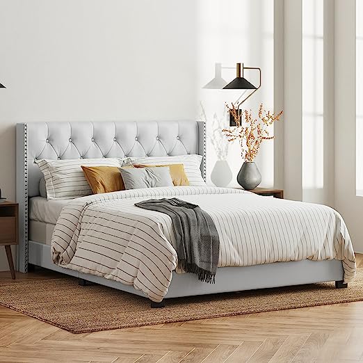 Bardy Upholstered Panel Bed Frame with Diamond Button Tufted and Nailhead Trim Wingback Headboard, King in White Faux Leather Fabric