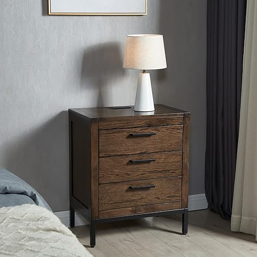 Tableau Rustic Three Drawer Nightstand Side Table with AC/USB Outlet, Brown