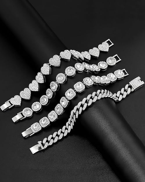 4PCS Gold Bracelets for Women Silver Clustered Tennis Bracelet for Women Heart Round Diamond Cuban Bracelet Layered Link Bracelet Set Fashion Jewelry for Women Set