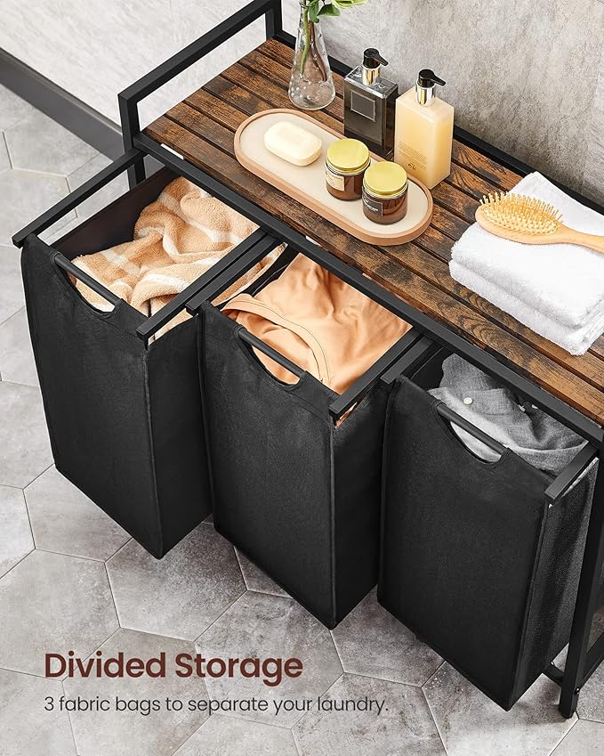 Laundry Hamper, Laundry Basket, Laundry Sorter with 3 Pull-Out and Removable Bags, Shelf, Metal Frame, Rustic Brown and Black