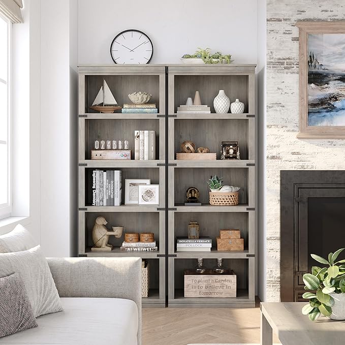 5 Tier Bookcase, Farmhouse Book Shelf with Storage