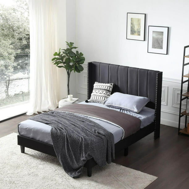Bed Frame Set, Beds Headboard with Wings & Platform & Slats, Fabric/Full/White