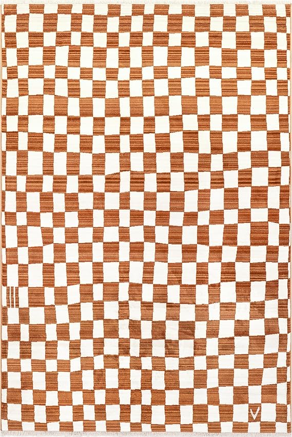 Dominique Abstract Checkered Fringe Orange, 8 X 10.2