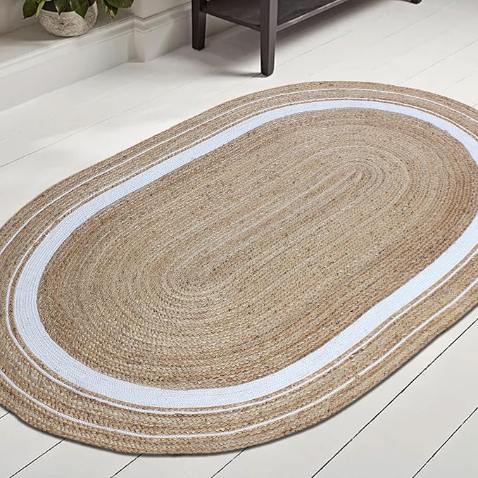 Geometric Collection Oval Area Rug - Beige and White Natural, Handmade Flat Weave Jute, Ideal for High Traffic Areas