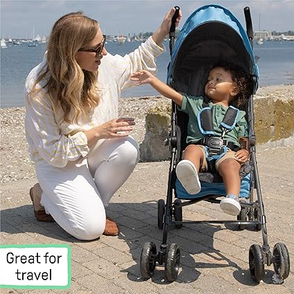 3D Mini Convenience Stroller – Lightweight Stroller with Compact Fold, Multi-Position Recline, Canopy with Pop Out Sun Visor – Umbrella Stroller, Blue/Black