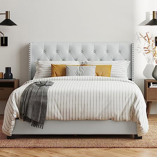 Bardy Upholstered Panel Bed Frame with Diamond Button Tufted and Nailhead Trim Wingback Headboard, King in White Faux Leather Fabric