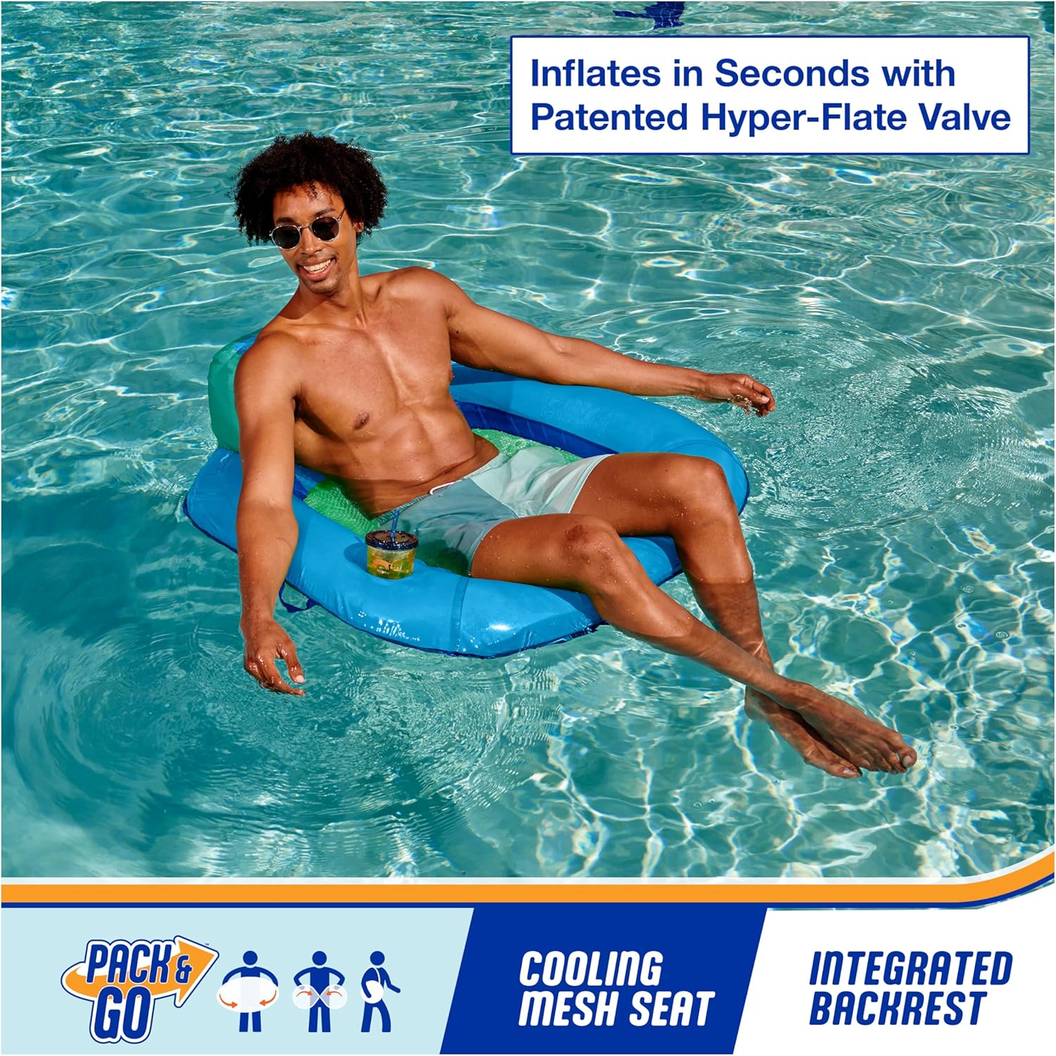 Spring Float Premium SunSeat Pool Chairs for Swimming Pool, Inflatable Pool Floats Adult with Fast Inflation for Ages 15 & Up, Sky Blue