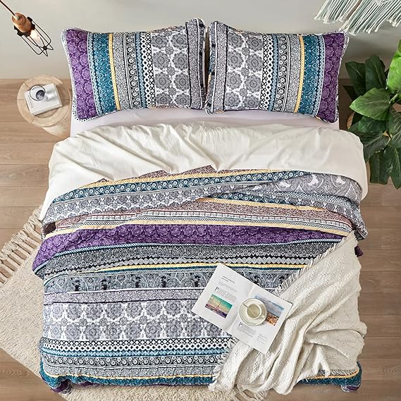 Boho Quilt Set King, Purple Bohemian 3 Pieces Quilt Sets, Lightweight Summer Bedspread Coverlet Bedding Set for All Season (103"x90")