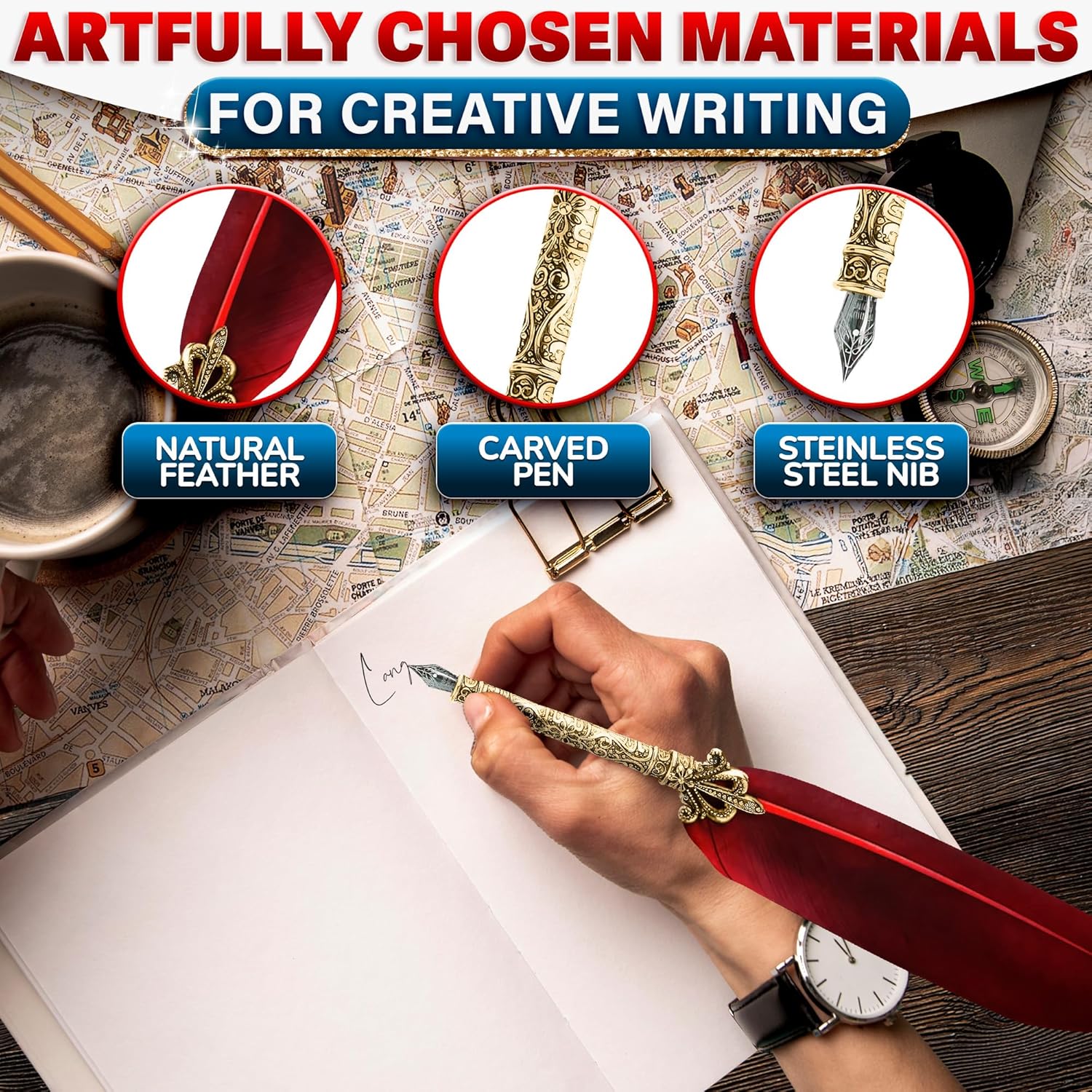 Antique Feather Pen and Ink Set -  Red Feather Quill Pen and Ink Set with Stainless Steel Nib