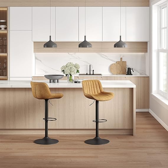 Bar Stools, Set of 2, Morden Faux Leather Counter Height Bar Stools with Back, Adjustable Swivel Stool Chair for Home Kitchen Island Pub, Black Powder Coated Base, Yellow