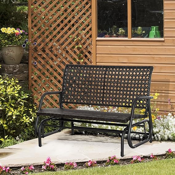 2-Person Outdoor Wicker Glider Bench, Patio Garden PE Rattan Swing Loveseat Chair with Extra Wide Seat and Curved Backrest, Dark Grey