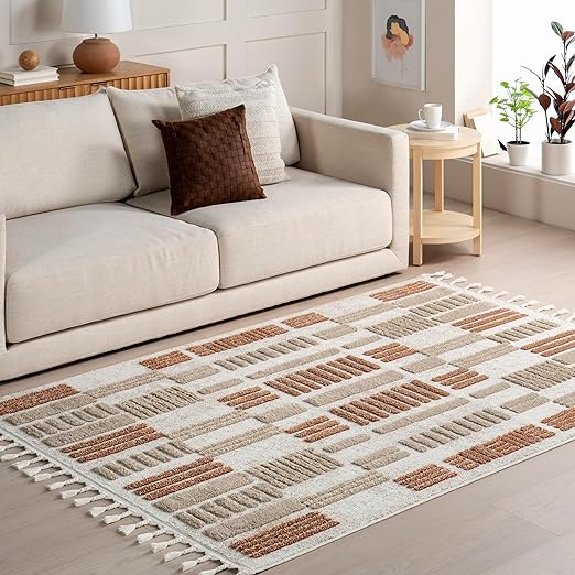 Beige Geometric Tasseled Area Rug