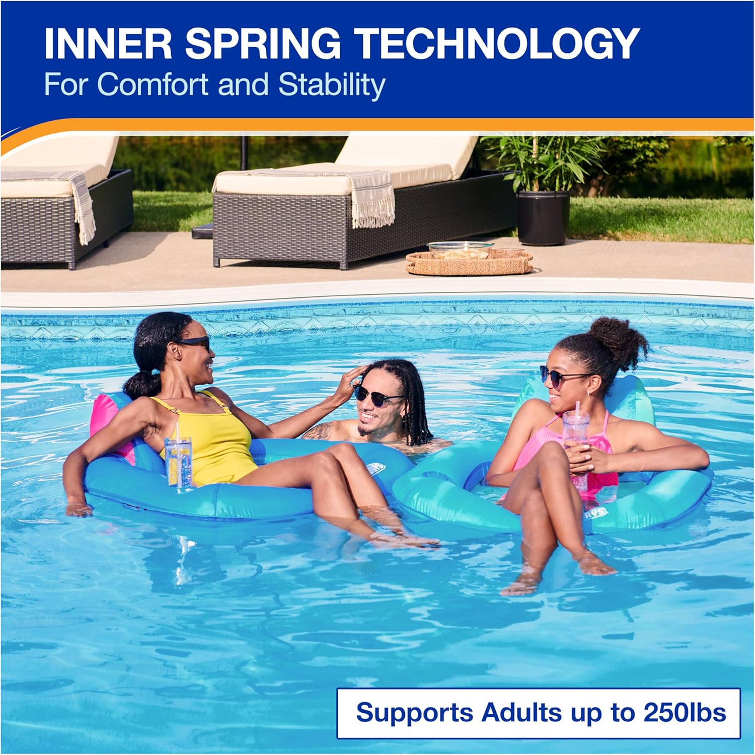 Spring Float Premium SunSeat Pool Chairs for Swimming Pool, Inflatable Pool Floats Adult with Fast Inflation for Ages 15 & Up, Sky Blue